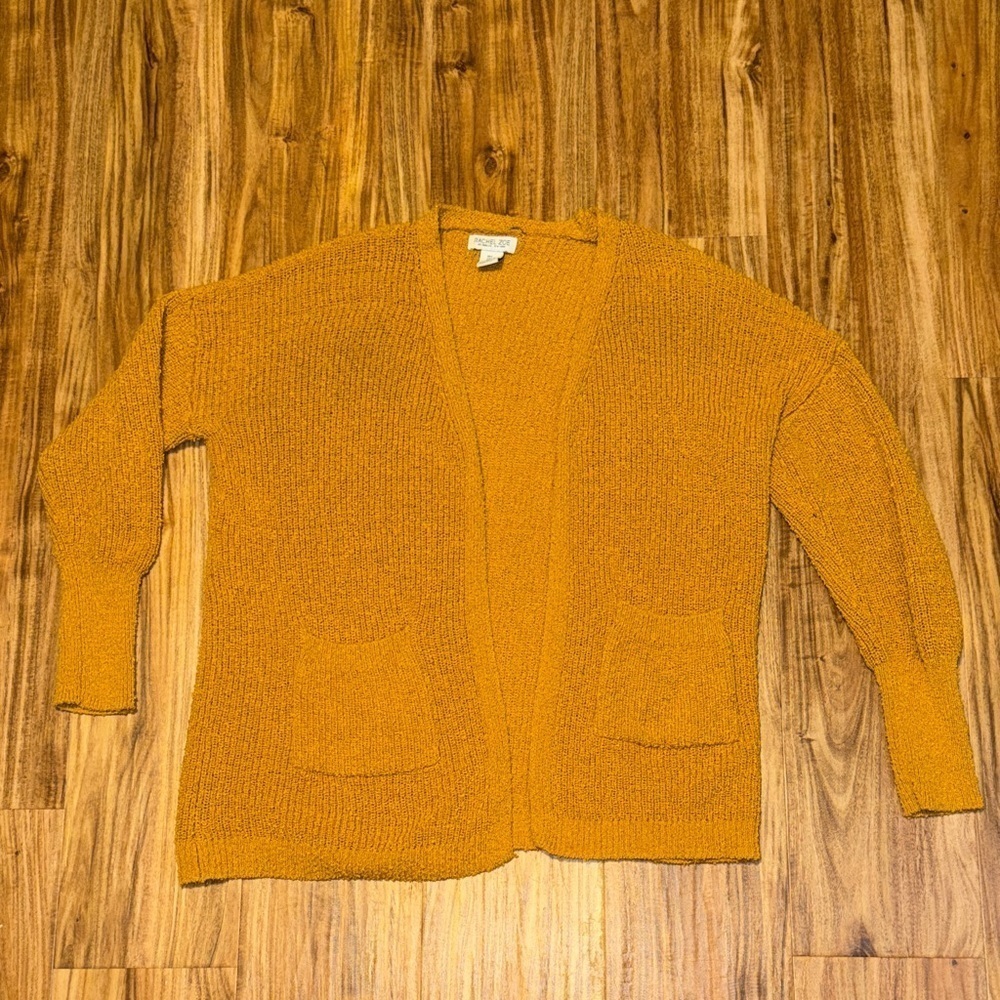 Rachel Zoe women’s large 12 14 cardigan sweater mustard yellow gold knit pockets